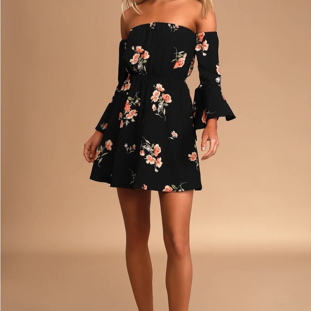 Lush Gardens Black Floral Print Off-The-Shoulder Mini Dress Small